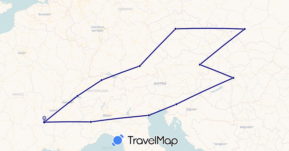 TravelMap itinerary: driving in Austria, Switzerland, Czech Republic, Germany, France, Hungary, Italy, Poland, Slovenia (Europe)